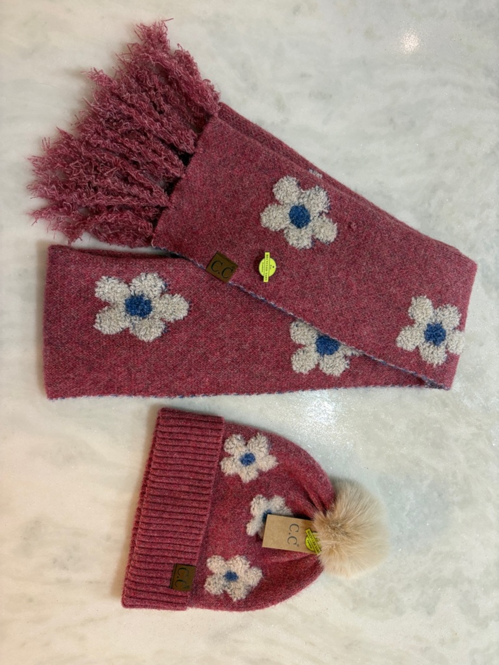 Women’s C.C. Dusty Pink Floral Printed Scarf and Beanie Set